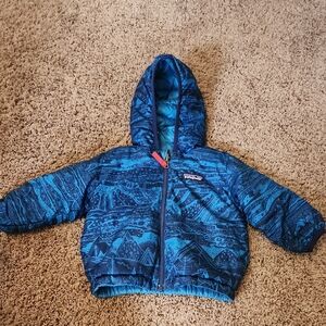 Patagonia Reversible Down Puffer Coat Blue Patterned Hooded Jacket 12-18M